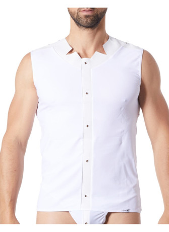 V-shirt débardeur blanc satiné avec bandes style cuir et dos avec transparence - LM807-77WHT